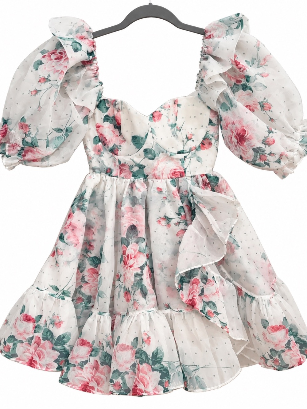 Selkie Cream Floral Puff-Sleeve Dress with Pink Roses
